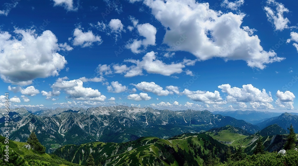 Naklejka premium The allure of a landscape filled with the beauty of blue sky, fluffy white clouds, majestic high mountains, and vibrant green plants. Generative AI
