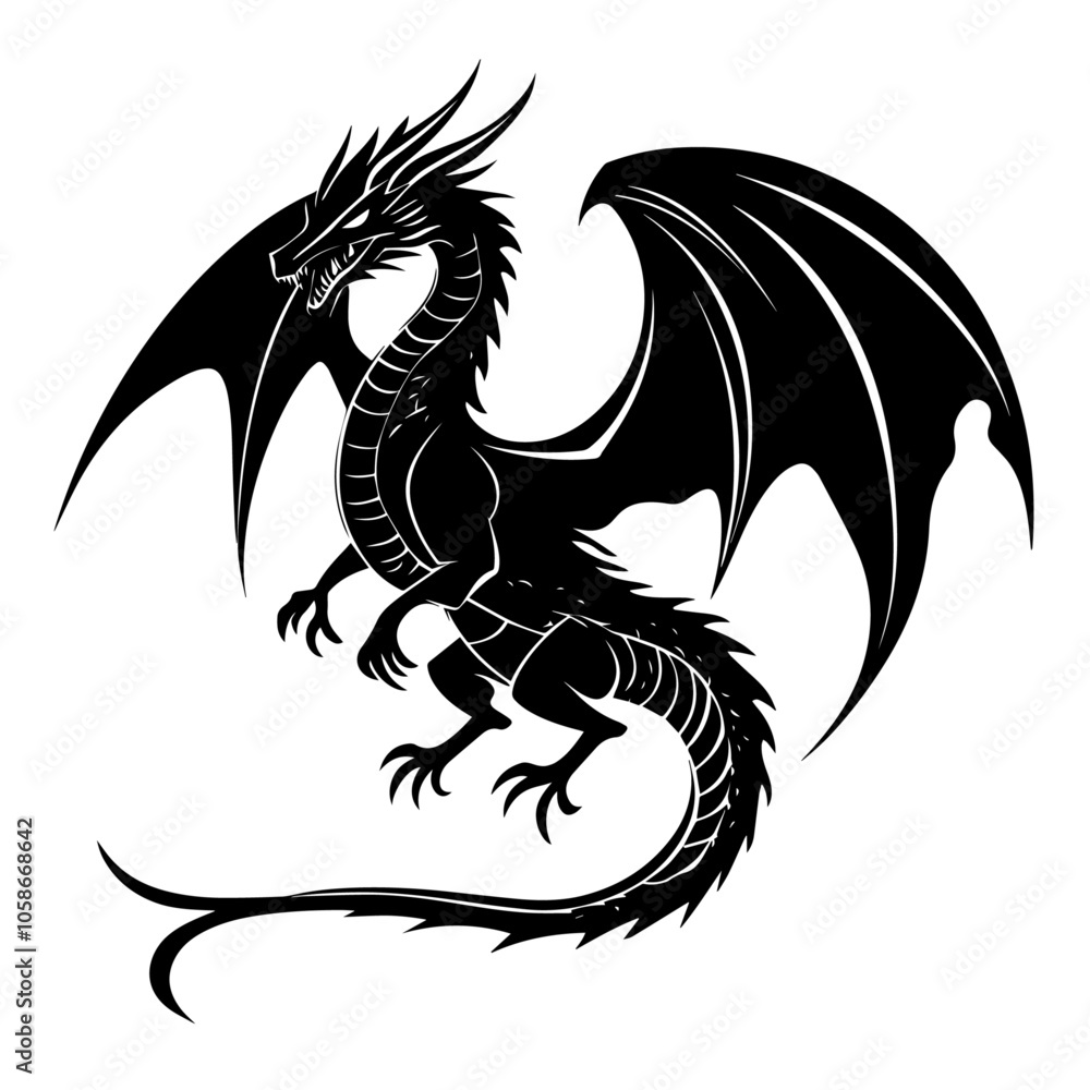 Fototapeta premium Black dragon icon. Black silhouette icon. Asian style tattoo template isolated