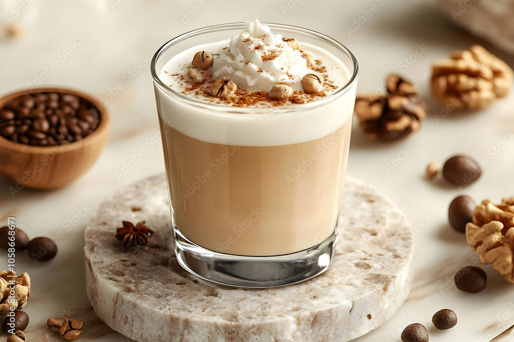 Photo of Delicious Coffee with Whipped Cream, Walnuts, and Cinnamon Photo of Delicious Coffee with Whipped Cream, Walnuts, and Cinnamon