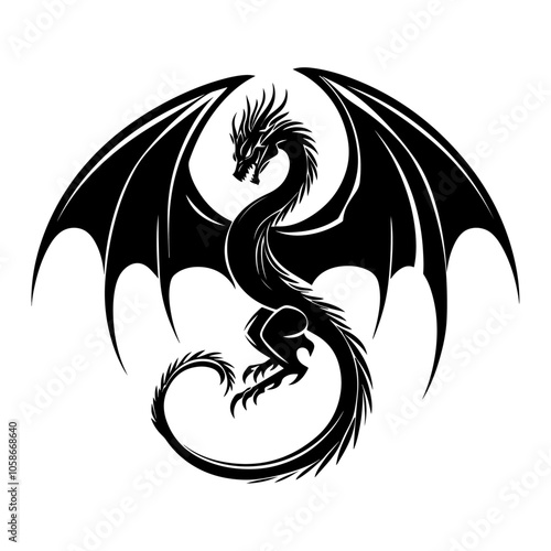 Black dragon icon. Black silhouette icon. Asian style tattoo template isolated