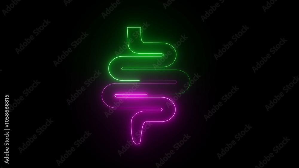 Neon Intestine human icon illustration on black background. intestinal surgery icon. Neon intestine digestive system. Neon Intestine human icon illustration on black background. intestinal surgery icon. Neon intestine digestive system.