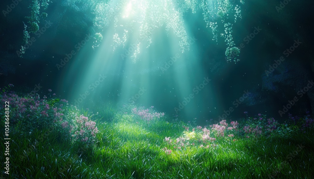 Obraz premium A serene underwater landscape illuminated by soft rays of light, featuring vibrant flowers and lush greenery.