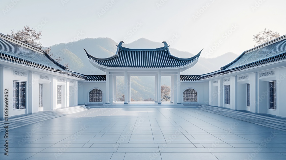 Obraz premium Traditional Chinese Anhui Hui-style Architecture with White Background, Platform, Roads, Parking Lots, and Brick Pavements for Car Advertisement Background