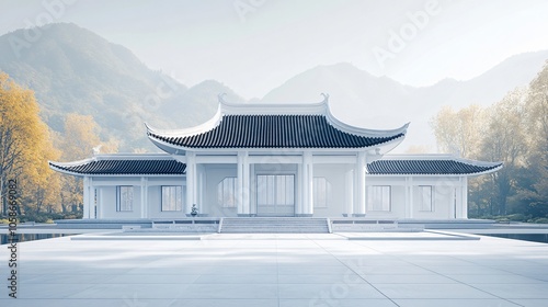 Traditional Chinese Anhui Hui-style Architecture with White Background, Platform, Roads, Parking Lots, and Brick Pavements for Car Advertisement Background photo