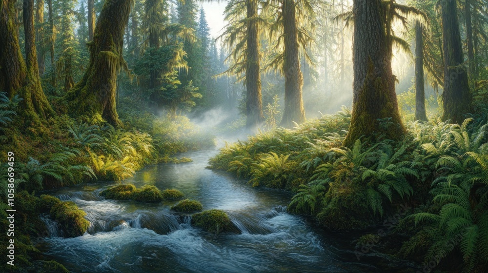 Obraz premium Sunlight streams through a misty forest, illuminating a babbling brook and lush ferns.