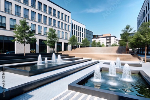 An outdoor plaza that sits below street level, surrounded by stepped seating and fountains.
 photo