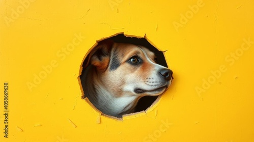 Close up photo of a yellow hollow hole in a wall revealing a dog inside, made of breakable material, allowing view through to the other side, material, yellow, hole photo