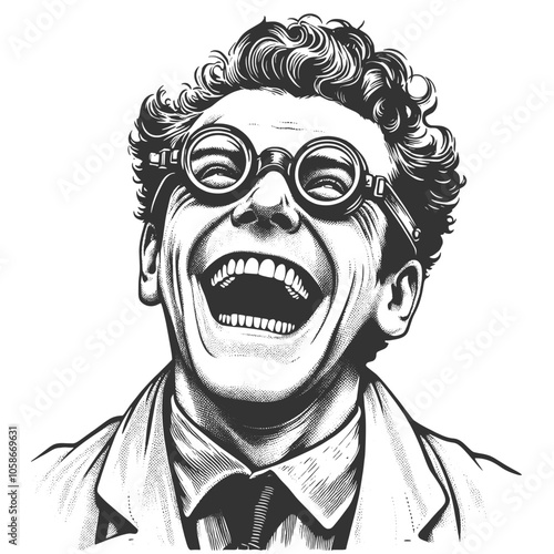 crazed scientist laughing maniacally with syringes in their hair, essence of chaotic science and eccentricity sketch engraving generative ai vector illustration. Black and white image.