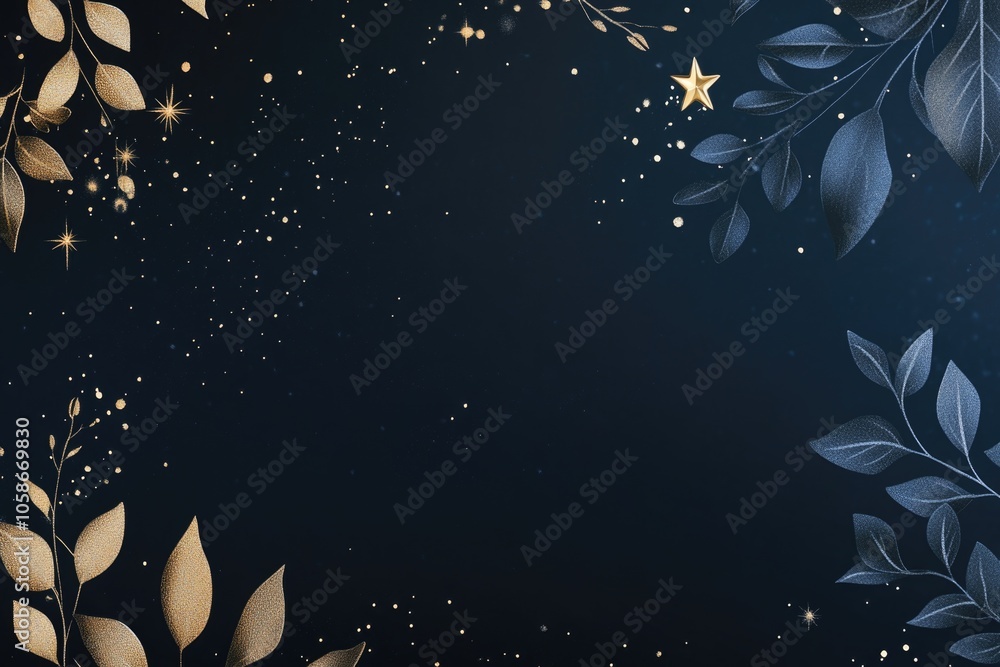 Digital image with autumn leaves in gold and silver textures against dark starry sky background. Digital image with autumn leaves in gold and silver textures against dark starry sky background.