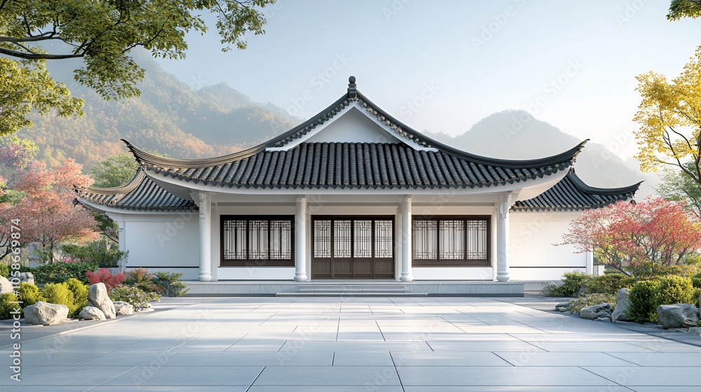 Traditional Chinese Anhui Hui-style Architecture with White Background, Platform, Roads, Parking Lots, and Brick Pavements for Car Advertisement Background Traditional Chinese Anhui Hui-style Architecture with White Background, Platform, Roads, Parking Lots, and Brick Pavements for Car Advertisement Background