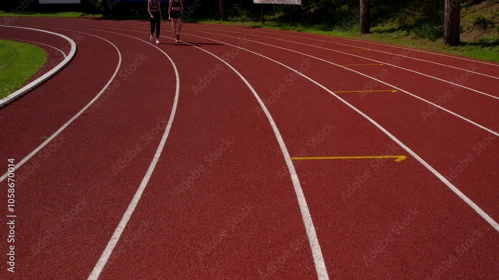 Two athletes walking side by side on a curved red track, showcasing a calm moment. Two athletes walking side by side on a curved red track, showcasing a calm moment.
