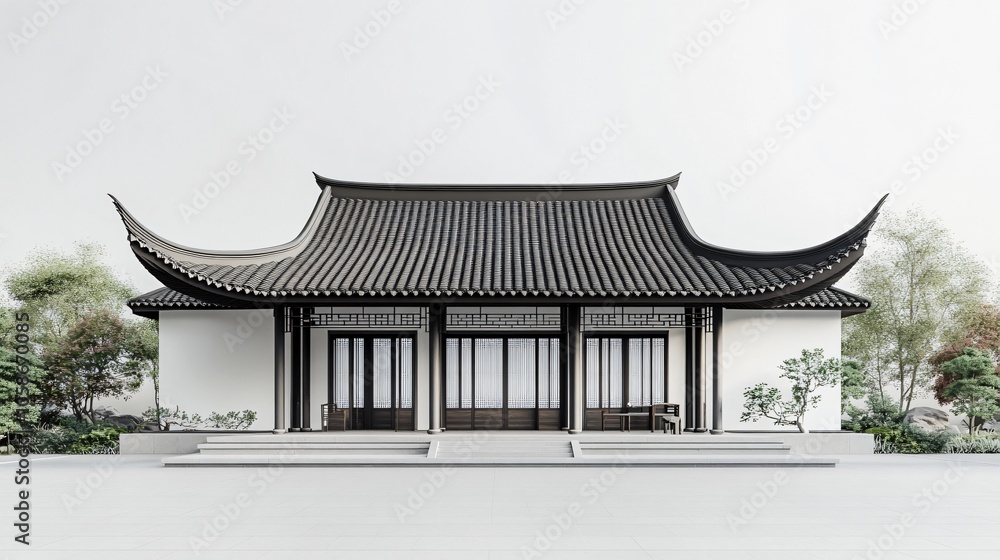 Traditional Chinese Anhui Hui-style Architecture with White Background, Platform, Roads, Parking Lots, and Brick Pavements for Car Advertisement Background Traditional Chinese Anhui Hui-style Architecture with White Background, Platform, Roads, Parking Lots, and Brick Pavements for Car Advertisement Background