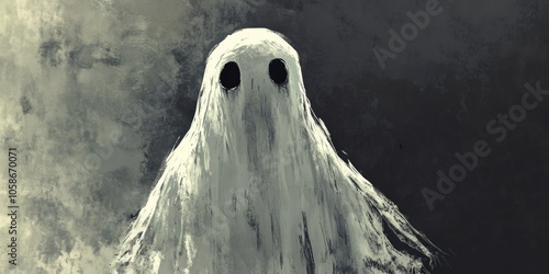 A frightful ghost peering from the darkness, evoking a spooky Halloween atmosphere. photo