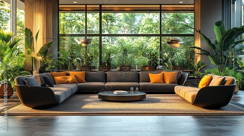 Modern living room interior with large windows, a sectional sofa, and lush green plants.