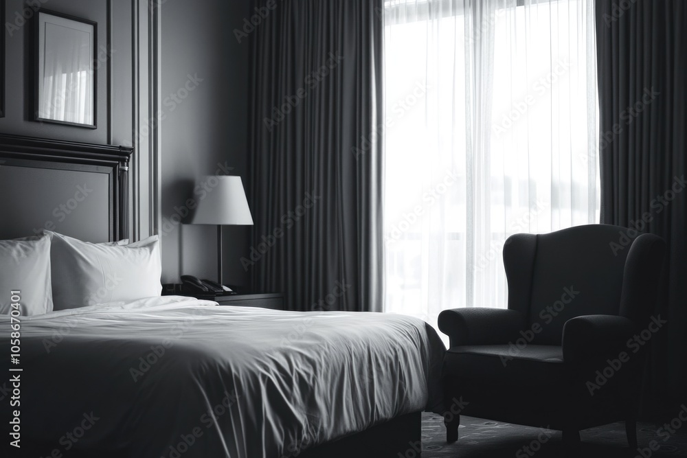 Fototapeta premium Luxurious hotel room with a minimalist design, featuring large windows for natural light and a comfortable bed. Perfect for relaxation.