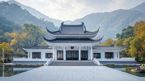 Traditional Chinese Anhui Hui-style Architecture with White Background, Platform, Roads, Parking Lots, and Brick Pavements for Car Advertisement Background photo