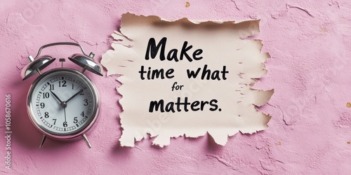 Quote reading “Make time for what matters” on torn paper with an alarm clock on a pink background, promoting mindfulness. photo