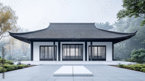 Traditional Chinese Anhui Hui-style Architecture with White Background, Platform, Roads, Parking Lots, and Brick Pavements for Car Advertisement Background photo