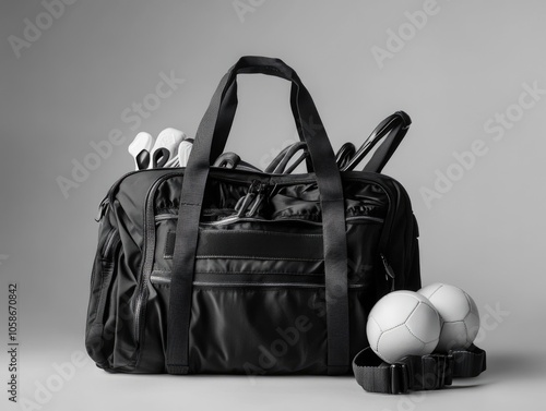 A sturdy athletic duffel bag containing various sports gear.