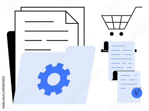 Depicts papers, a folder with a gear, shopping cart with receipts. Ideal for digital documentation, e-commerce, online purchases, business processes, and organizational tools. Simple flat style