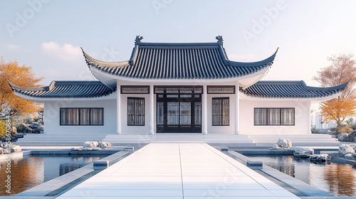 Traditional Chinese Anhui Hui-style Architecture with White Background, Platform, Roads, Parking Lots, and Brick Pavements for Car Advertisement Background photo