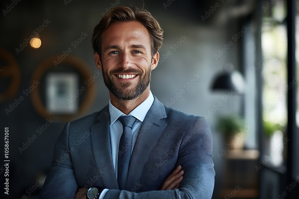 Confident Businessman Smiling in Office Setting4 Confident Businessman Smiling in Office Setting4