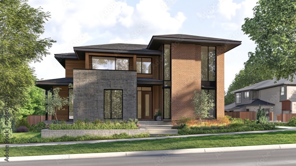 Modern two-story house with brick and stone facade, a large front yard with landscaping, and a driveway. Modern two-story house with brick and stone facade, a large front yard with landscaping, and a driveway.