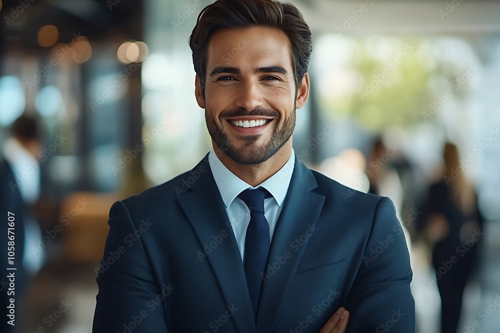 Confident Businessman Smiling in Office with Tie Knot Confident Businessman Smiling in Office with Tie Knot