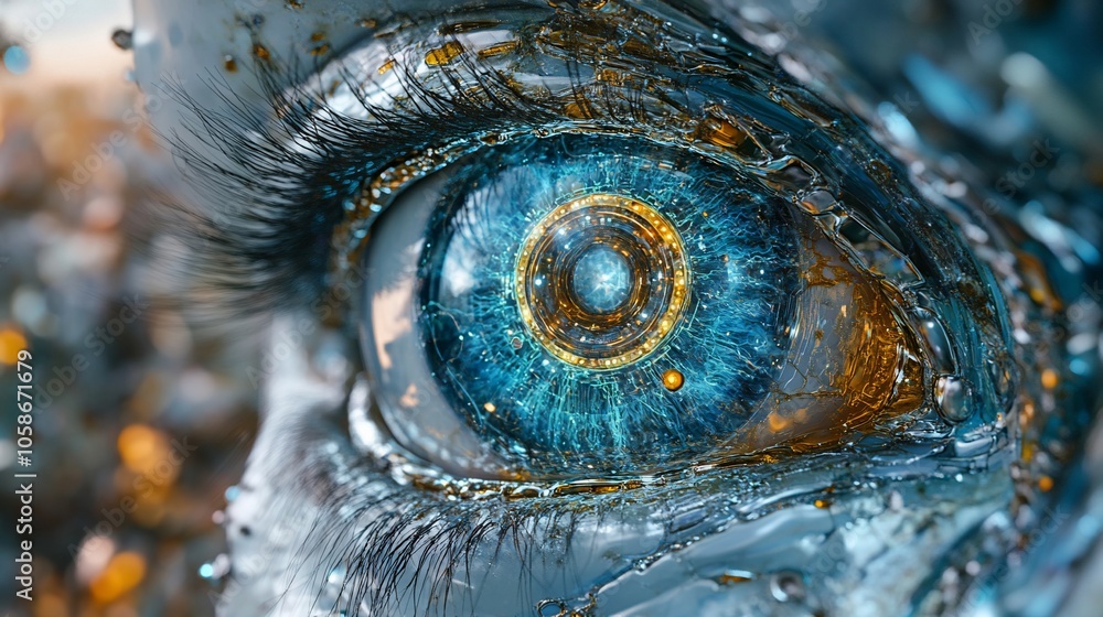 Close-up of a blue eye with a futuristic, mechanical iris. Close-up of a blue eye with a futuristic, mechanical iris.