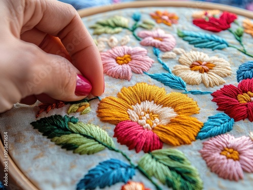 Hand sewing a floral embroidery design onto a textile background. photo