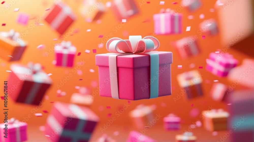 A gift box icon with ribbons, surrounded by floating red and orange gifts in the background A gift box icon with ribbons, surrounded by floating red and orange gifts in the background