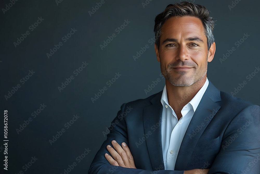 Confident Businessman Smiling in Suit Against Dark Background Confident Businessman Smiling in Suit Against Dark Background