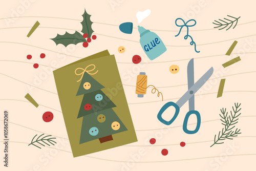 Handmade Christmas card. Sustainable Christmas concept. Eco friendly Christmas gift. Handmade decoration.