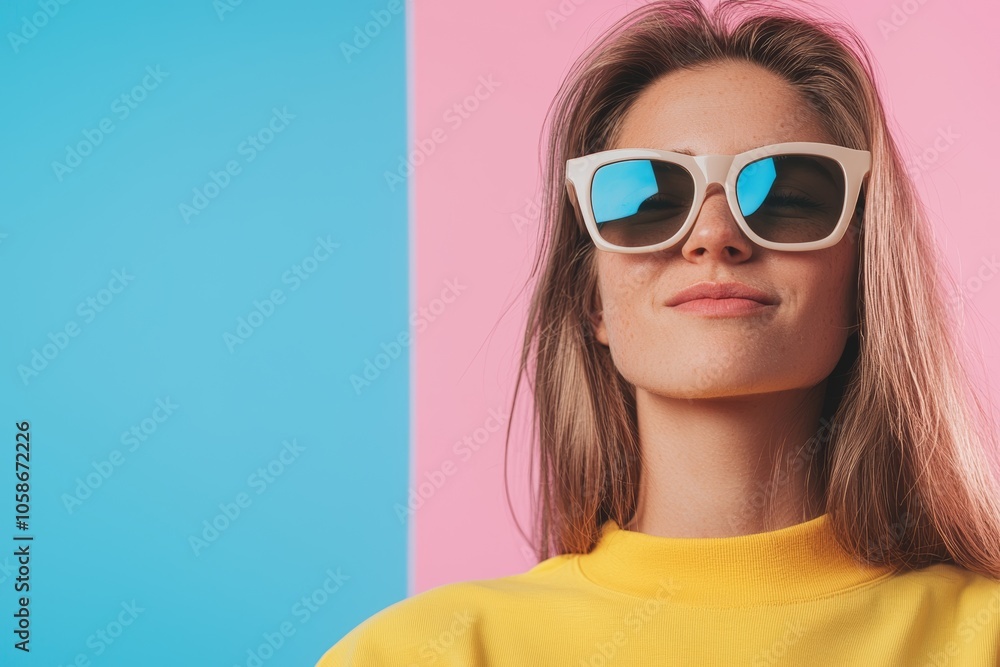 A confident young woman with long hair poses in stylish sunglasses against a vibrant blue and pink background A confident young woman with long hair poses in stylish sunglasses against a vibrant blue and pink background