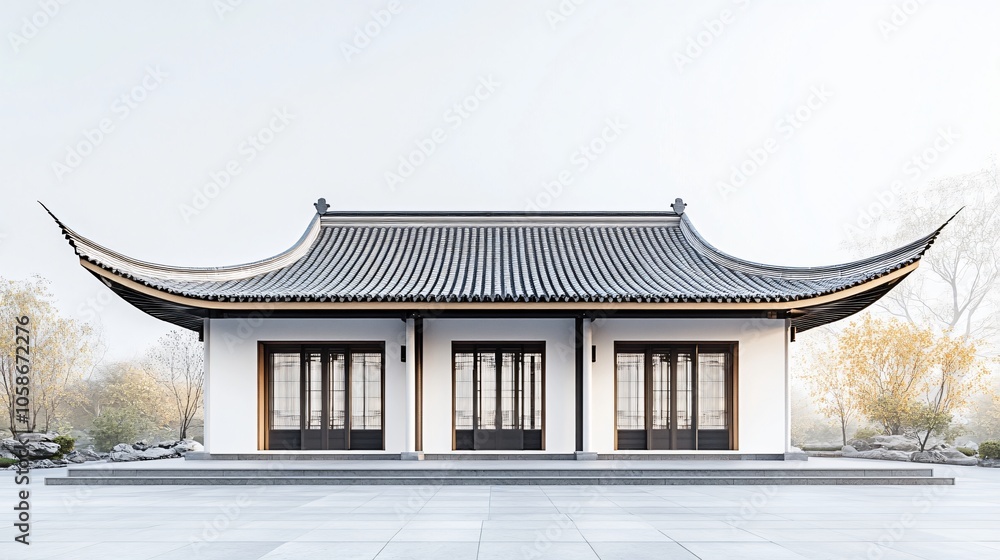 Obraz premium Traditional Chinese Anhui Hui-style Architecture with White Background, Platform, Roads, Parking Lots, and Brick Pavements for Car Advertisement Background