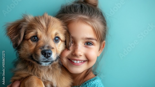 A girl joyfully hugging a fluffy puppy with a bright smile.