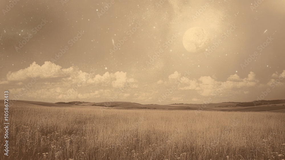 Sepia-Toned Vast Landscape with Moonlit Sky and Cloud Textures Capturing Serenity and Timeless Beauty Sepia-Toned Vast Landscape with Moonlit Sky and Cloud Textures Capturing Serenity and Timeless Beauty