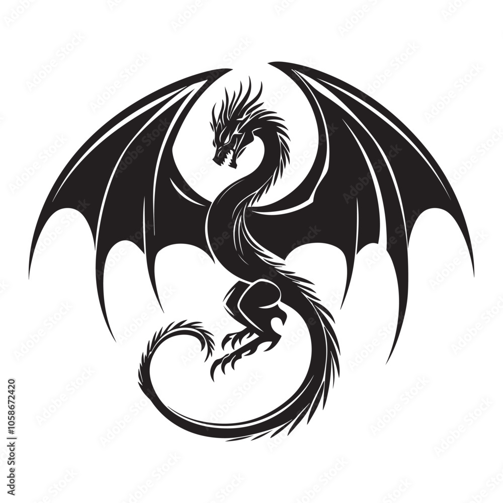 Naklejka premium Black dragon icon. Black silhouette icon. Asian style tattoo template isolated