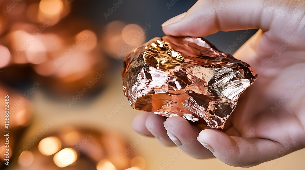 A hand holding a raw copper nugget, highlighting the rich color and texture of this valuable natural resource. A hand holding a raw copper nugget, highlighting the rich color and texture of this valuable natural resource.
