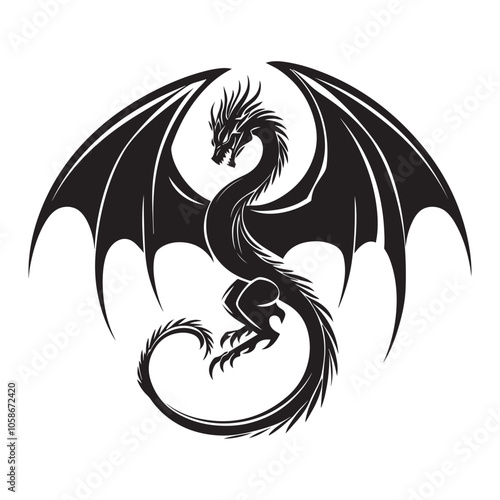 Black dragon icon. Black silhouette icon. Asian style tattoo template isolated