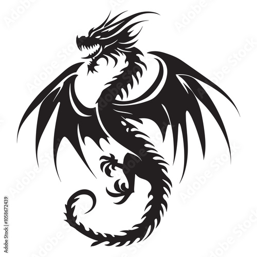 Black dragon icon. Black silhouette icon. Asian style tattoo template isolated