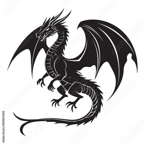 Black dragon icon. Black silhouette icon. Asian style tattoo template isolated