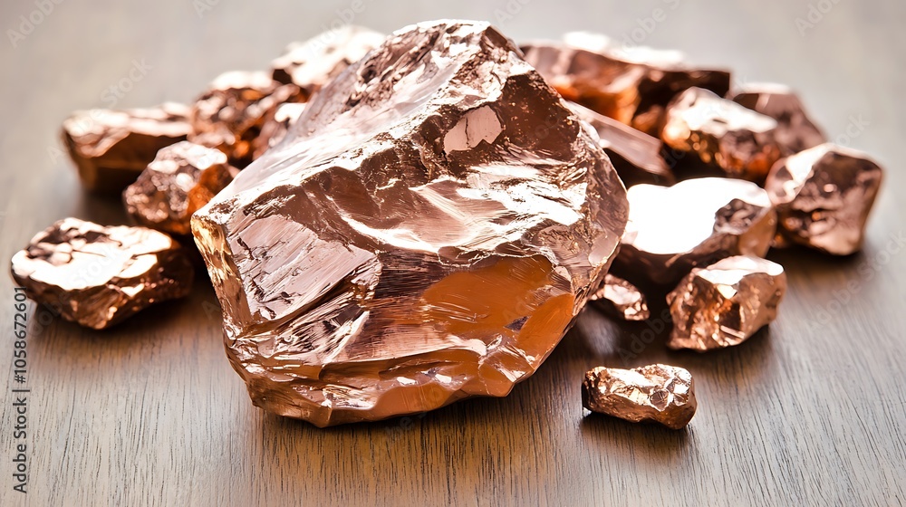 A pile of raw copper nuggets scattered on a wooden table, representing the importance of this mineral in various industries. A pile of raw copper nuggets scattered on a wooden table, representing the importance of this mineral in various industries.