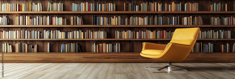 Fototapeta premium Yellow Armchair in a Modern Living Room with a Large Bookshelf Filled with Colorful Books,