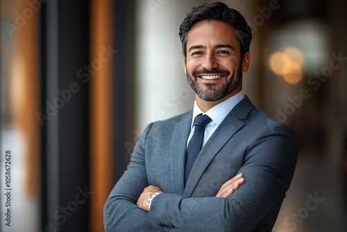 Confident Businessman Smiling in Suit with Arms Crossed