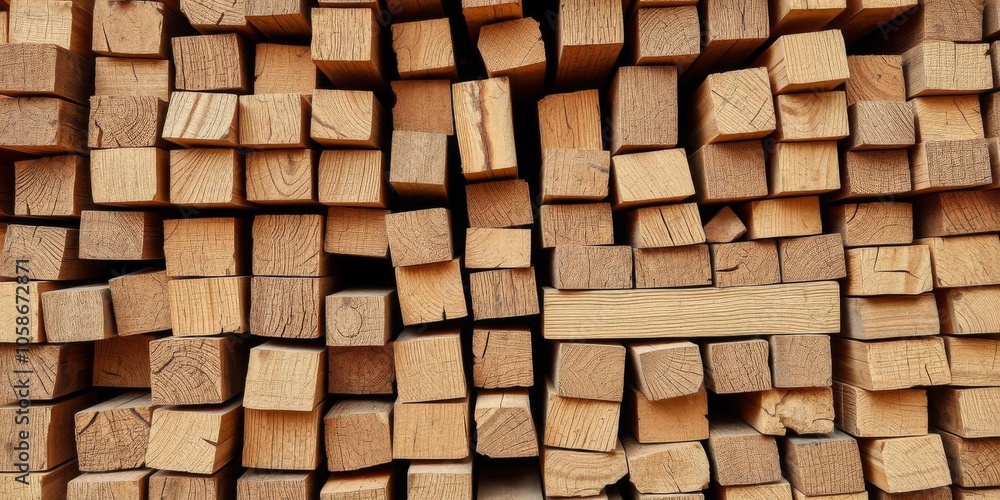 Closeup of stacked wooden beams in a warehouse, timber, wood, close-up Closeup of stacked wooden beams in a warehouse, timber, wood, close-up