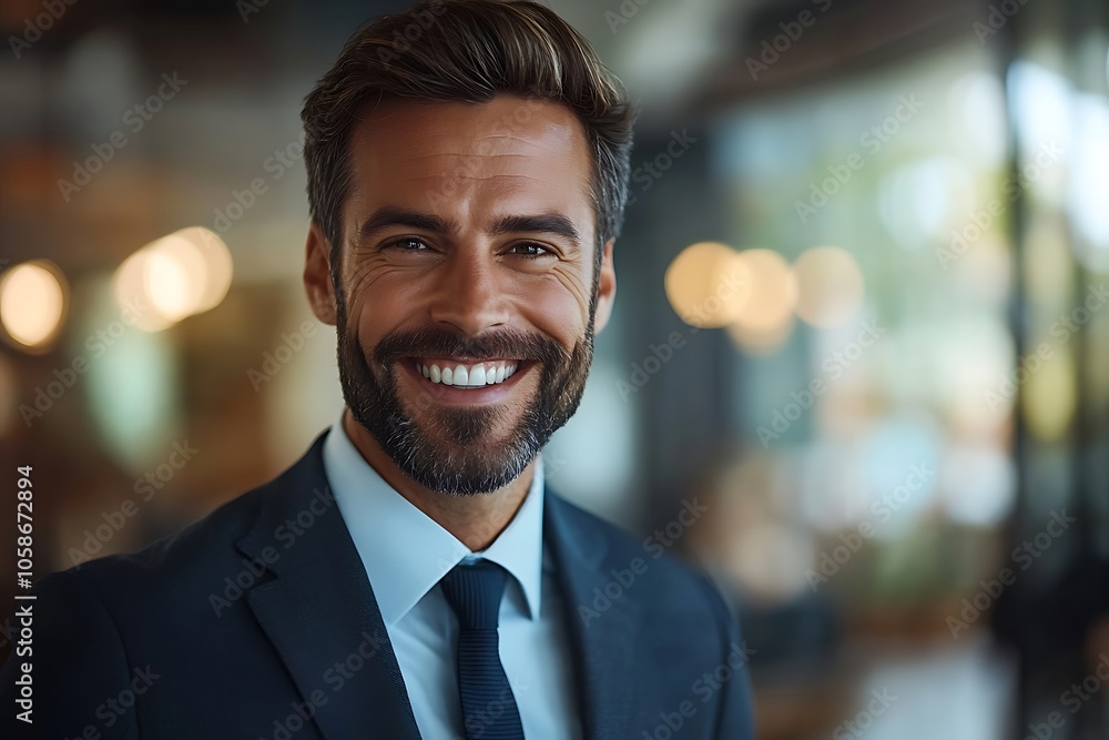Confident Businessman Smiling in Suit, White Shirt, and Tie Confident Businessman Smiling in Suit, White Shirt, and Tie