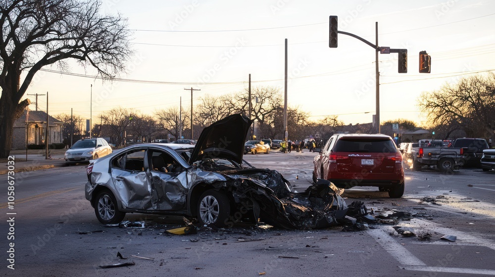 Fototapeta premium A silver car with its hood open and significant damage is seen at an intersection with another vehicle. The intersection has a traffic light and multiple cars in the background.