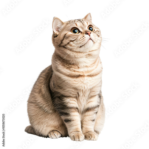 A striking image of a beautiful cat, gazing upwards with big, expressive eyes, showcasing stunning fur patterns in a captivating, minimalist black background theme. photo