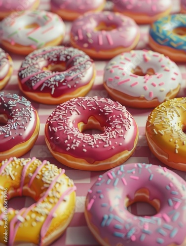 Close-up of vibrant assortment of donuts with glaze, frosting and sprinkles on pink checkered tray.